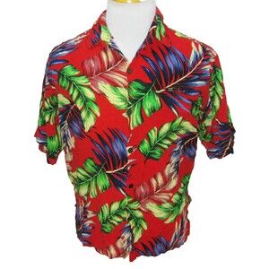HIBISCUS Collection Mens (Size Large) Red Floral Hawaiian Aloha Shirt 100% Rayon